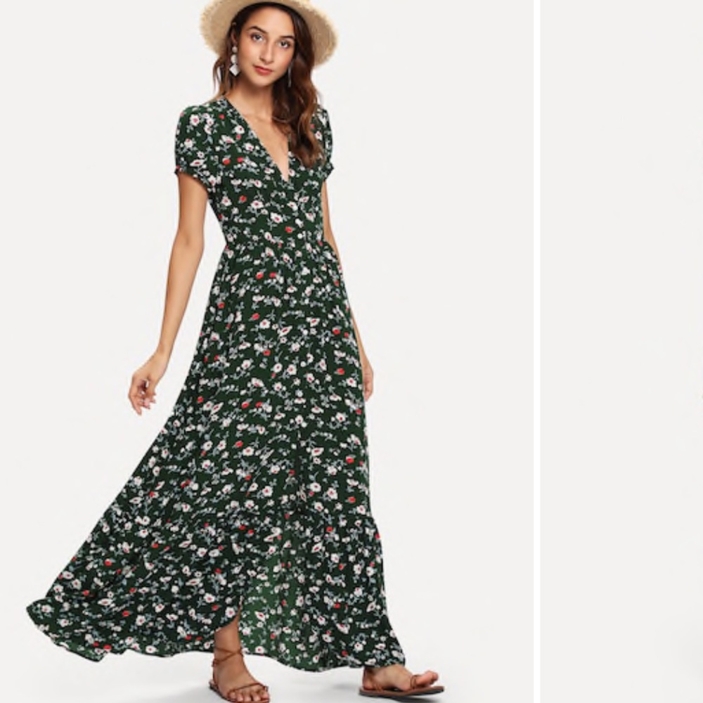 Floral Wrap Maxi Dress - Green